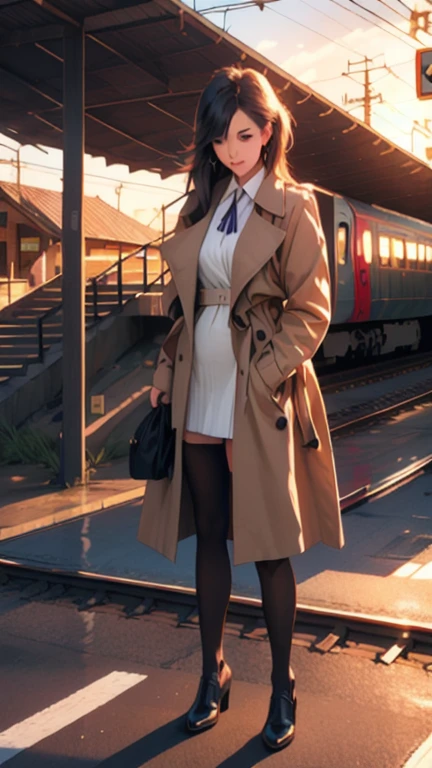 style by cut,Dough, 1 girl, plein-air, standing alone, sunset, tissue, duffel bag, Scenario, railRoadside tracks, trench coat, sky, overskirt, standing, long hair, gram, energy lines, land vehicle, natta, moutain, pantyhose, Bblack hair, Roadside, chestnut hair, black shoes, containment, train station, long sleeves
