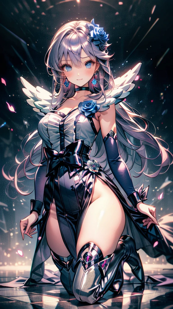 (Highly detailed CG), (Highest quality),((full body)),1 Girl,alone, leotard,Purple Hair,black choker, earrings, blue flower, magical girl, waist bow, cure moonlight dress, jewelry, flower, wrist cuffs, single elbow glove, boots, eyelashes,Perfect Face, Shiny skin, Shiny skin, Wide Hips,Tight waist,Knee-high boots,Elbow Bag,1 Girl, Long Hair,