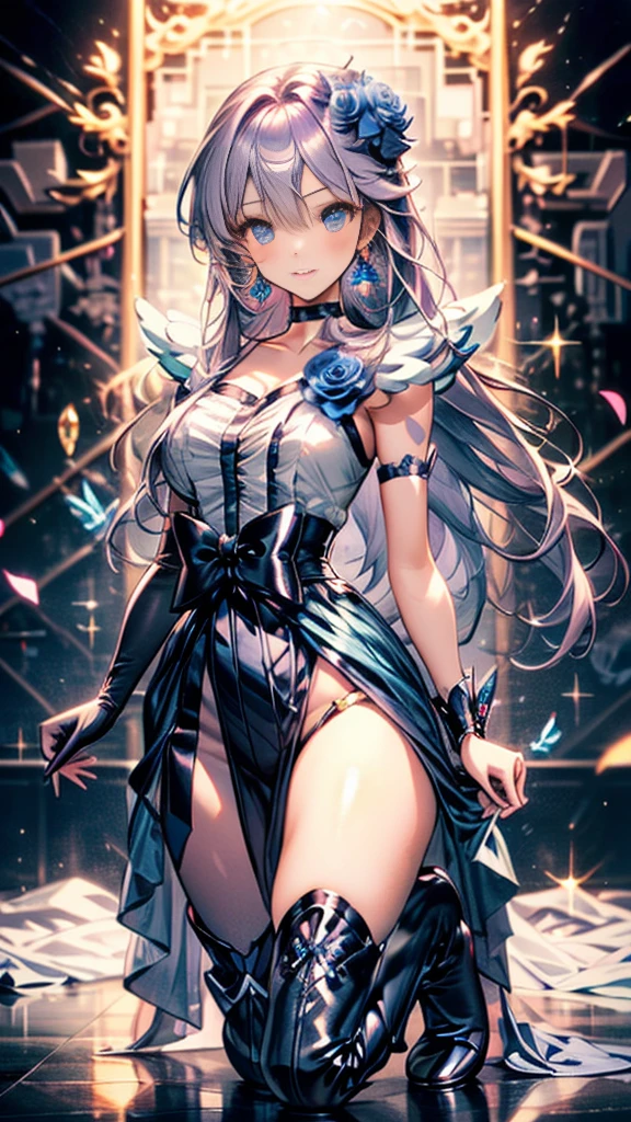 (Highly detailed CG), (Highest quality),((full body))，1 Girl,alone, leotard，Purple Hair，black choker, earrings, blue flower, magical girl, waist bow, cure moonlight dress, jewelry, flower, wrist cuffs, single elbow glove, boots, eyelashes,Perfect Face,  Shiny skin, Shiny skin, Wide Hips,Tight waist,Knee-high boots，Elbow Bag,1 Girl, Long Hair, 