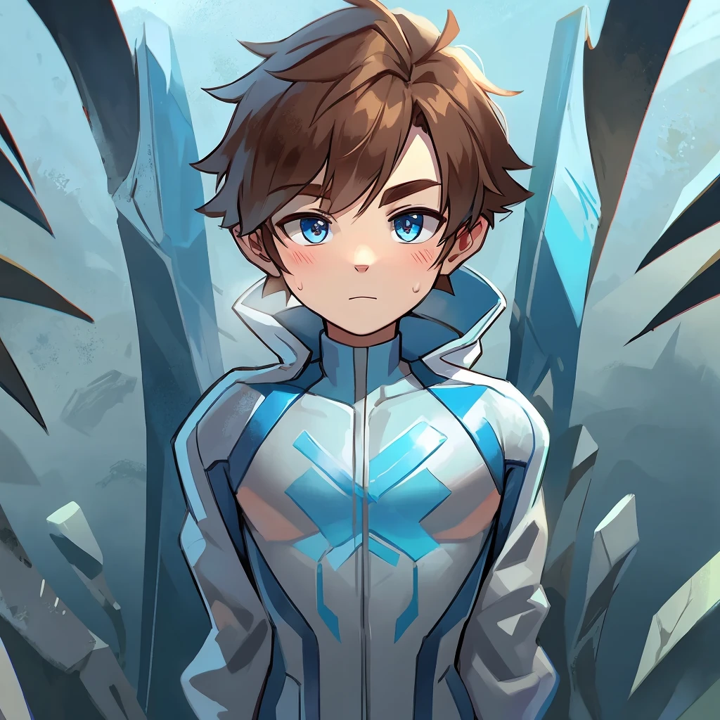 A boy with an ice suit and brown hair and blue ribbon on his chest and ice background