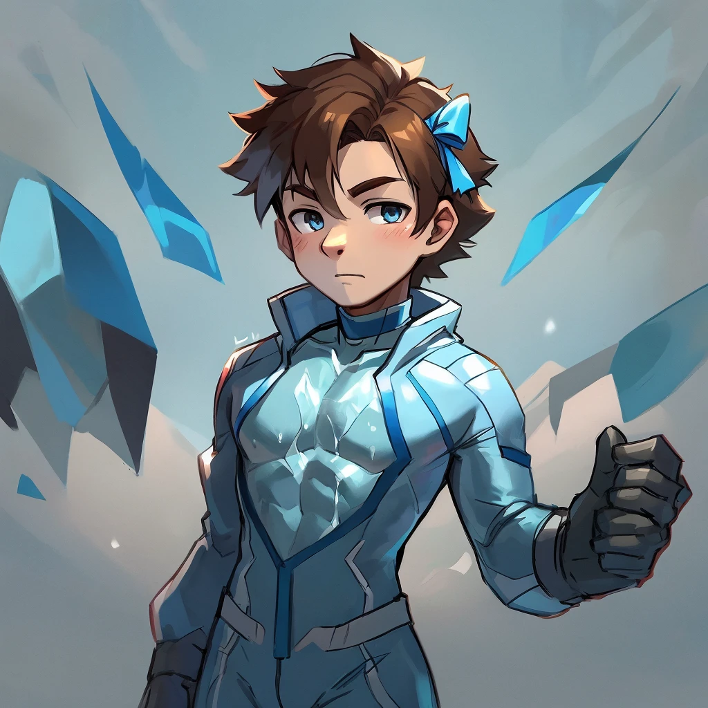 A boy with an ice suit and brown hair and blue ribbon on his chest and ice background