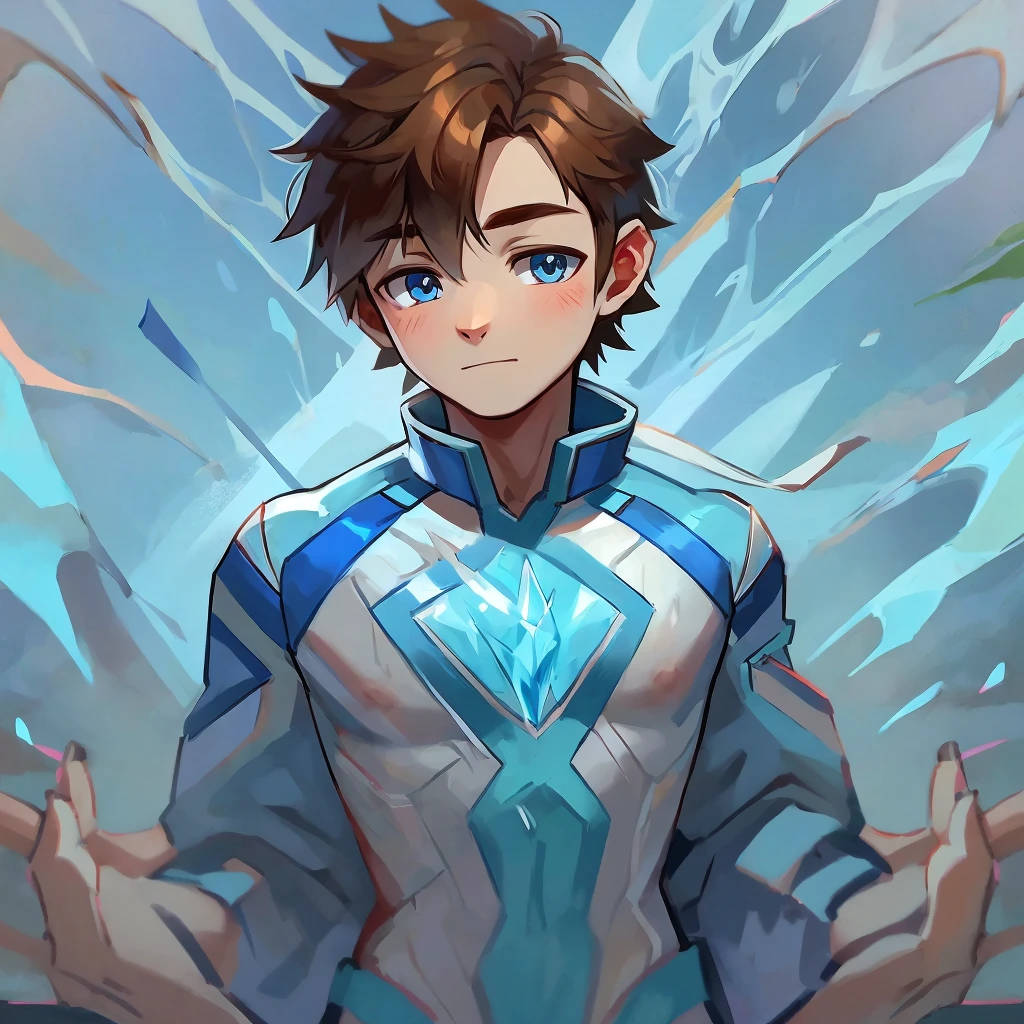 A boy with an ice suit and brown hair and blue ribbon on his chest and ice background