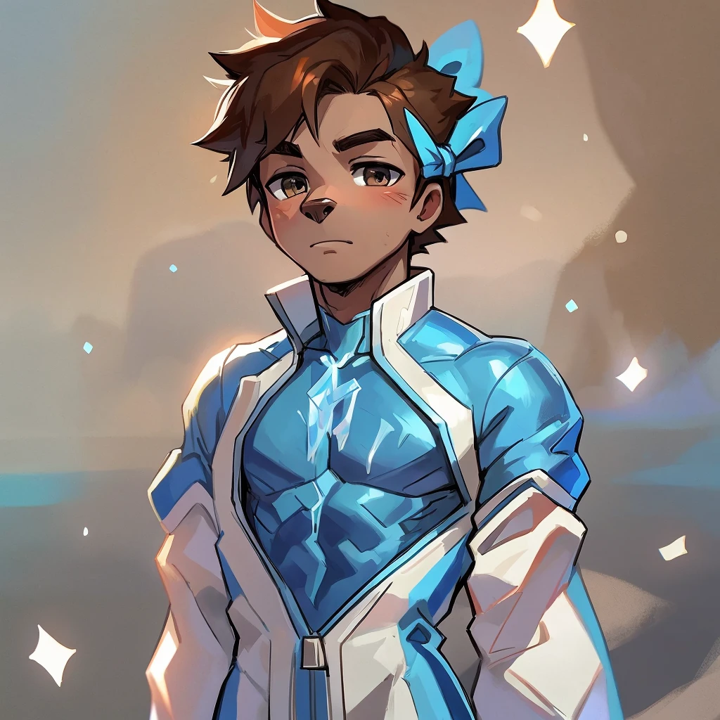 A boy with an ice suit and brown hair and blue ribbon on his chest and ice background