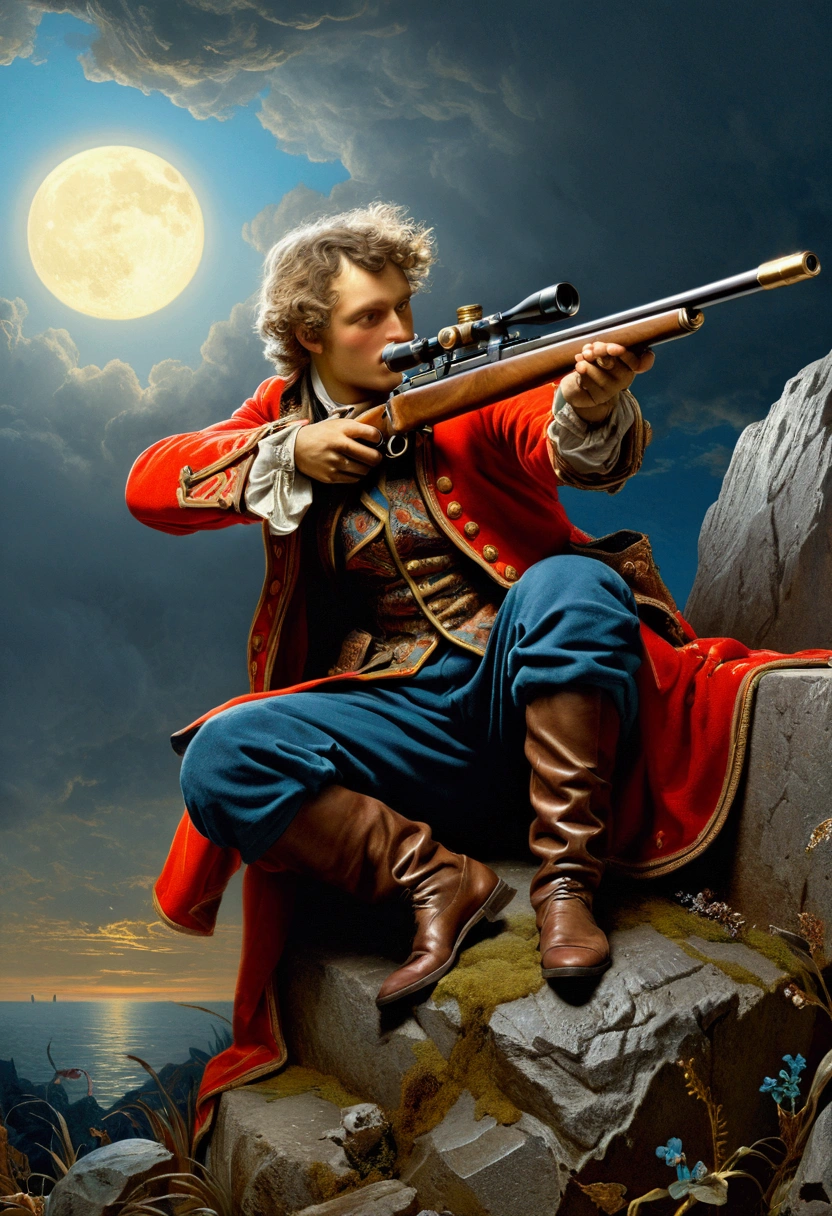 aiming Sniper, by Phil Jimenez, comic style, full body, cinematic still, (best quality, masterpiece), very aesthetic, perfect composition, intricate details, ultra-detailed, vivid colors