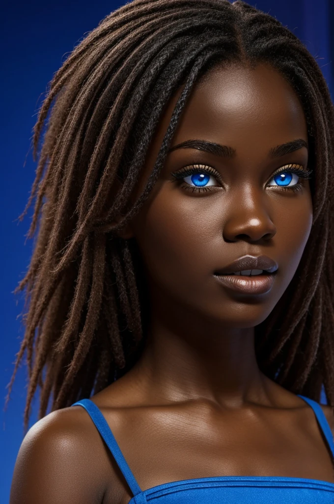 Female gender, cartoon style , dark skin and blue eyes 