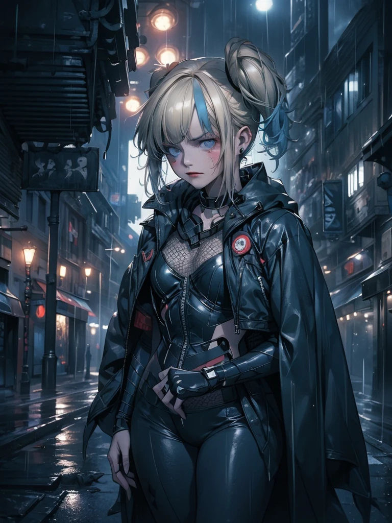 A girl in a Batsuit, ultra-detailed, 8k, hyper realistic, cinematic lighting, dramatic angles, moody colors, masterpiece, standing confidently on a rain-soaked street in Gotham City at night, stern expression, billowing cape, gritty dystopian atmosphere, neon lights, eerie glow