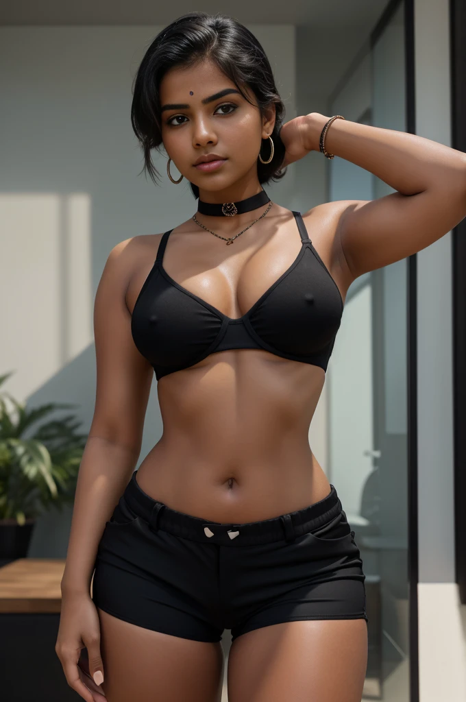 An 18 year old topless short indian girl, , tight black sports shorts, full body shot, micro black bra, choker necklace, hoola earrings, slim waist, short hair, voluptuous athletic body, extra large breasts, high quality, 8k, photorealistic, detailed portrait, cinematic lighting, gloves