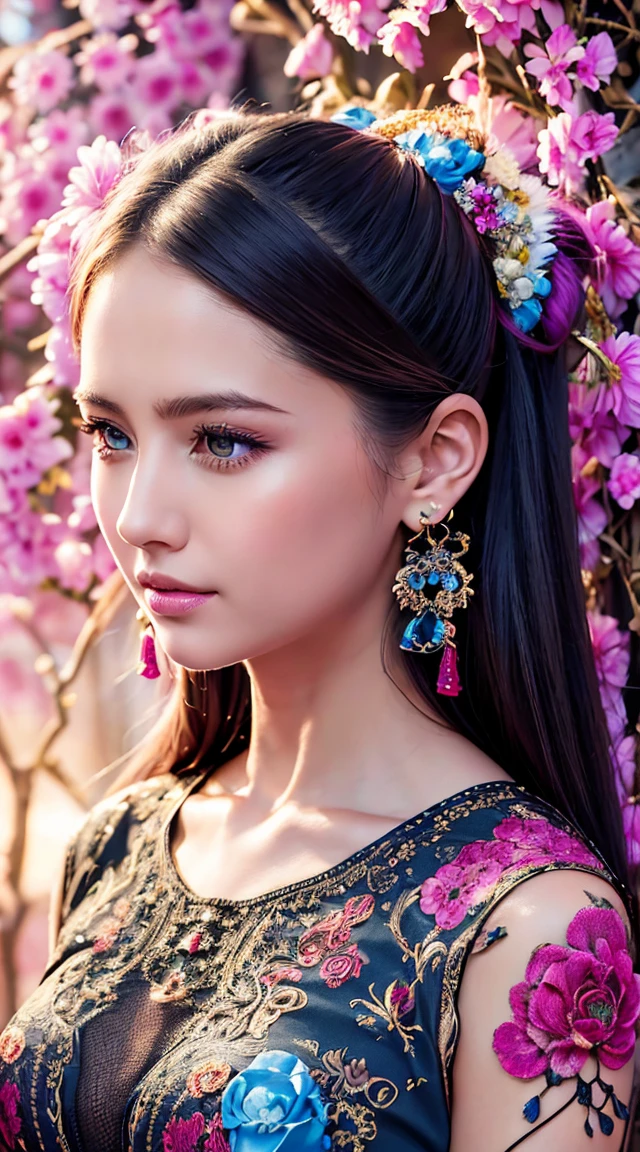 elegant detailed portrait of a beautiful young woman, masterpiece, best quality, official art, exquisitely beautiful, 1 girl, extremely detailed, fractal art, vibrant colors, detailed flowers, highly detailed, intricate, dynamic pose, abstract background, traditional Chinese textile art, glossy skin, colorful, earrings