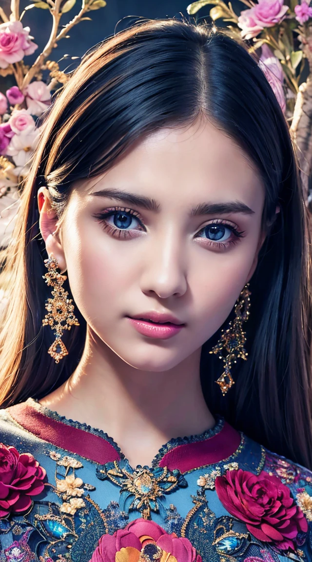 elegant detailed portrait of a beautiful young woman, masterpiece, best quality, official art, exquisitely beautiful, 1 girl, extremely detailed, fractal art, vibrant colors, detailed flowers, highly detailed, intricate, dynamic pose, abstract background, traditional Chinese textile art, glossy skin, colorful, earrings