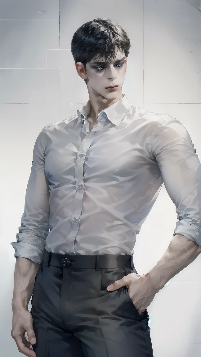 Masterpiece, Superior picture quality, high resolution, 4K images, man ,black short hair ,white skin, Dark blue eyes, Very detailed eyesight, height, The body is muscular.,  black shirt, Grey pants, It has the ears and tail of a panther. 