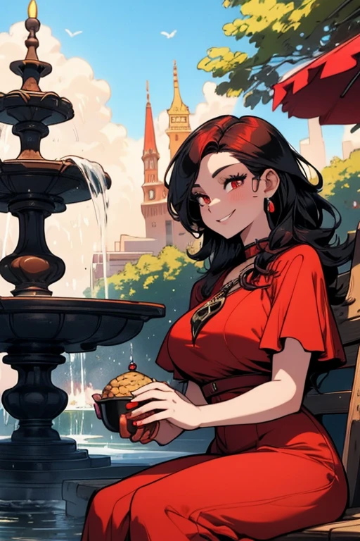 Two women. Perfect faces. Perfect hands. A red haired woman with red eyes and an hourglass figure in a pretty summer dress is sitting with a black haired woman with brown eyes with an hourglass figure in a park with a big smile in front of a fountain
