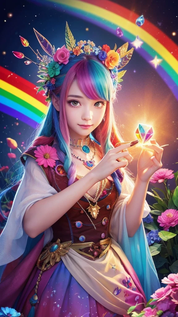 The image you provided appears to be a digital artwork featuring a character with vibrant, multi-colored hair holding a crystal. The background is filled with colorful elements like rainbows and flowers, creating a whimsical and fantastical atmosphere.
Waiting to start 
