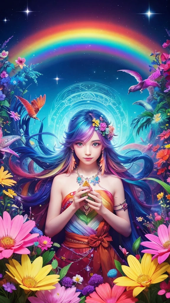The image you provided appears to be a digital artwork featuring a character with vibrant, multi-colored hair holding a crystal. The background is filled with colorful elements like rainbows and flowers, creating a whimsical and fantastical atmosphere.front face,from the chest up,Big eyes.
Waiting to start