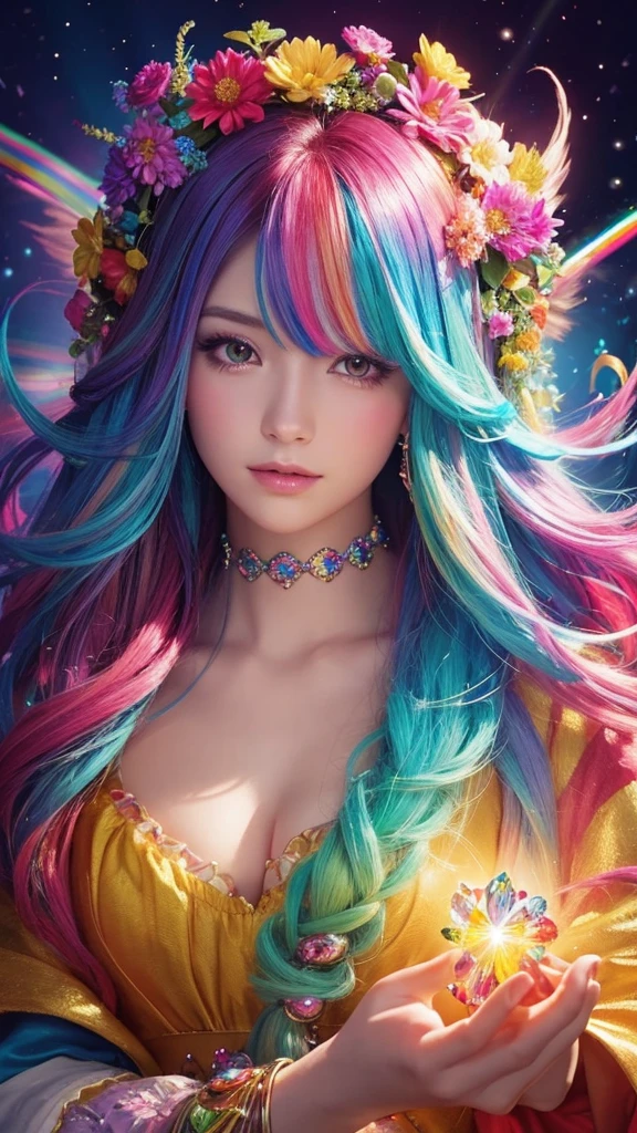 The image you provided appears to be a digital artwork featuring a character with vibrant, multi-colored hair holding a crystal. The background is filled with colorful elements like rainbows and flowers, creating a whimsical and fantastical atmosphere.
Waiting to start