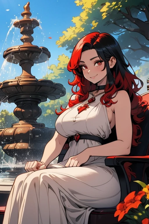 Two women. Perfect faces. Perfect hands. A red haired woman with red eyes and an hourglass figure in a pretty summer dress is sitting with a black haired woman with brown eyes with an hourglass figure in a park with a big smile in front of a fountain