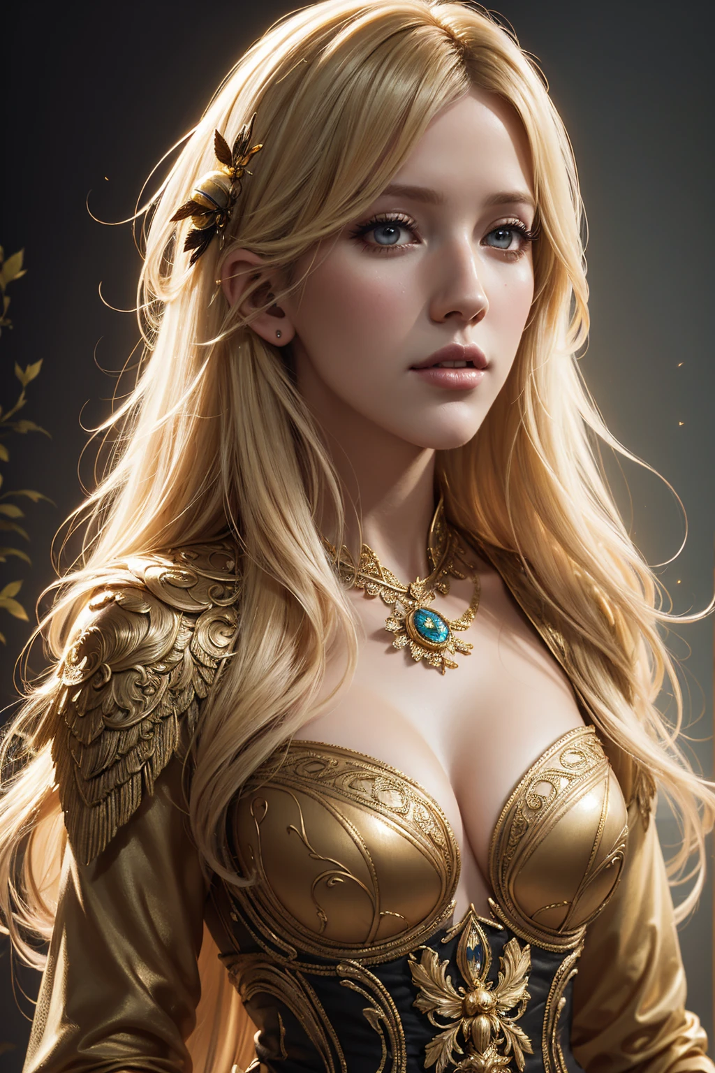 36k, portrait Ellie Goulding, wearing breasts bee costume, against the background of Versailles, character portrait, 8 9 9 0 s, long hair, intricate, elegant, highly detailed, digital painting, artstation, concept art, smooth, sharp focus, illustration, art by wlop, charlie bowater and alexandra fomina