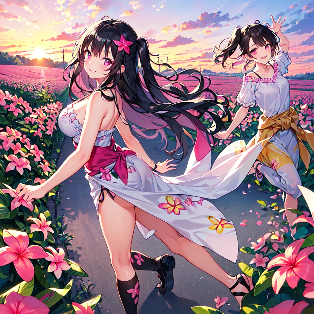 masterpiece, best quality, high quality, extremely detailed, very delicate and beautiful, (1 female 18 years old solo:1.5), (long black hair up to waist with two side up:1.5), bangs to eyebrows, eyes (eyes sharp, strong, glossy, glossy eyebrows, (eye color magenta:1.3), 6.5 head height, (plumeria flower print summer fashion:1.3), knee socks, lace, ruffles, (smiling), (running:1.3), (smiling), (dynamic pose), (background plumeria flower field:1.3), (sunset:1.3)