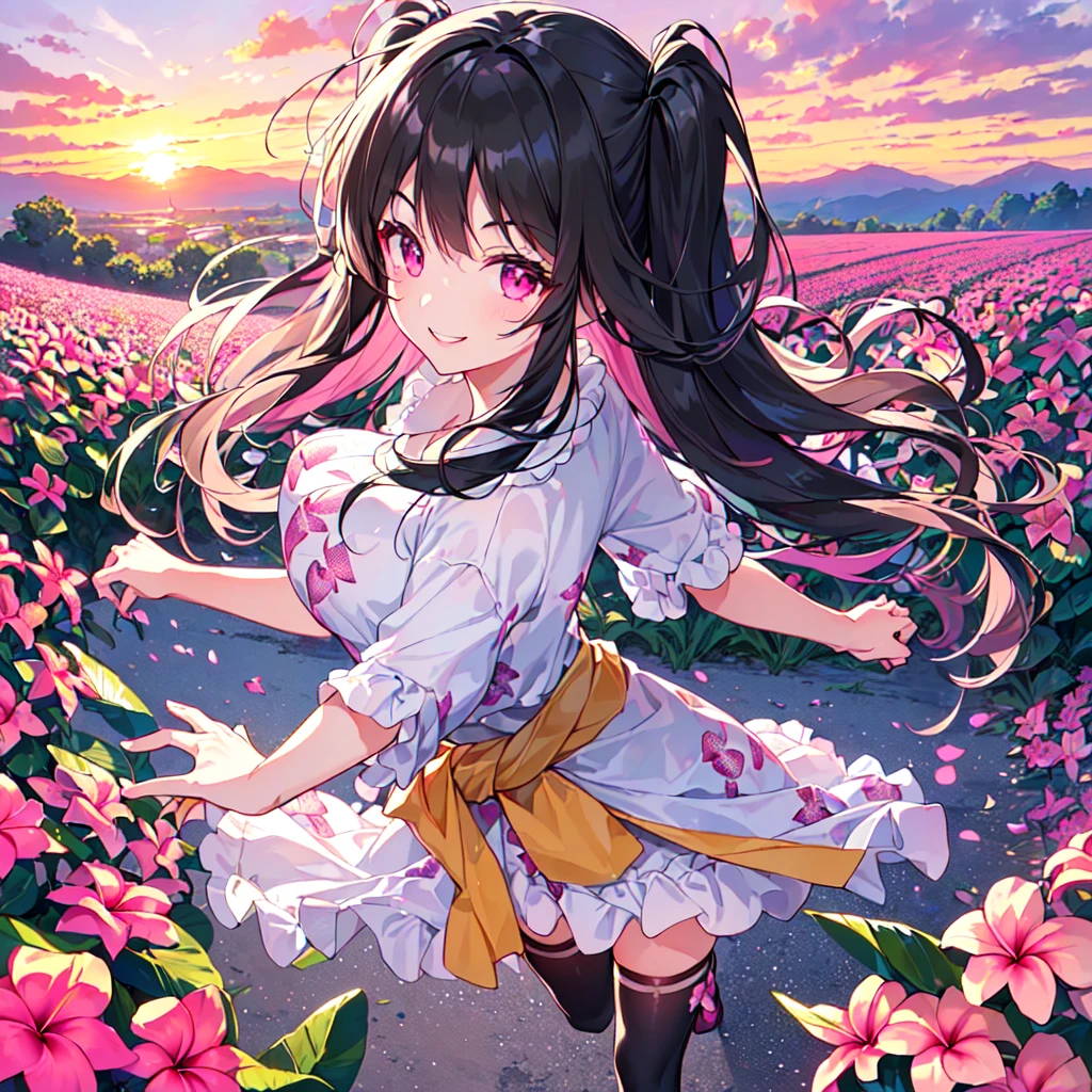 masterpiece, best quality, high quality, extremely detailed, very delicate and beautiful, (1 female 18 years old solo:1.5), (long black hair up to waist with two side up:1.5), bangs to eyebrows, eyes (eyes sharp, strong, glossy, glossy eyebrows, (eye color magenta:1.3), 6.5 head height, (plumeria flower print summer fashion:1.3), knee socks, lace, ruffles, (smiling), (running:1.3), (smiling), (dynamic pose), (background plumeria flower field:1.3), (sunset:1.3)