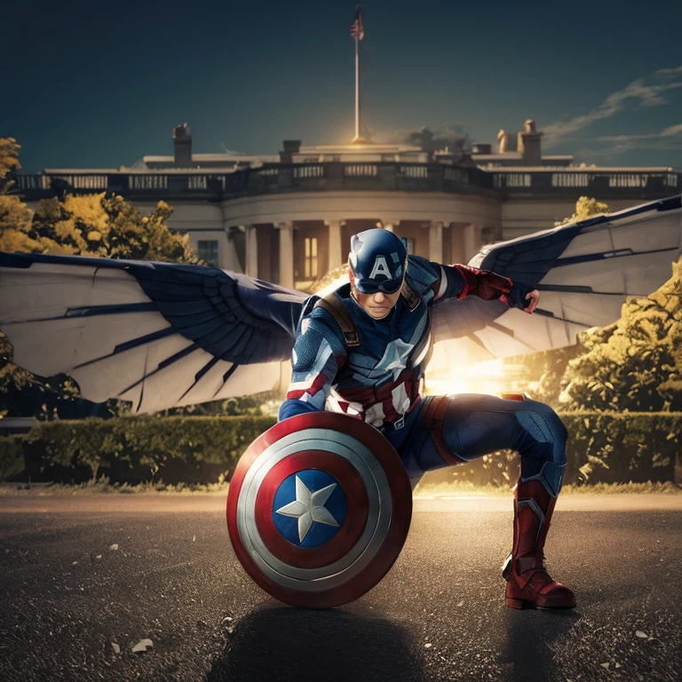 (( the captain america. Sam Wilson )), kneeling, (( wings open )), white background