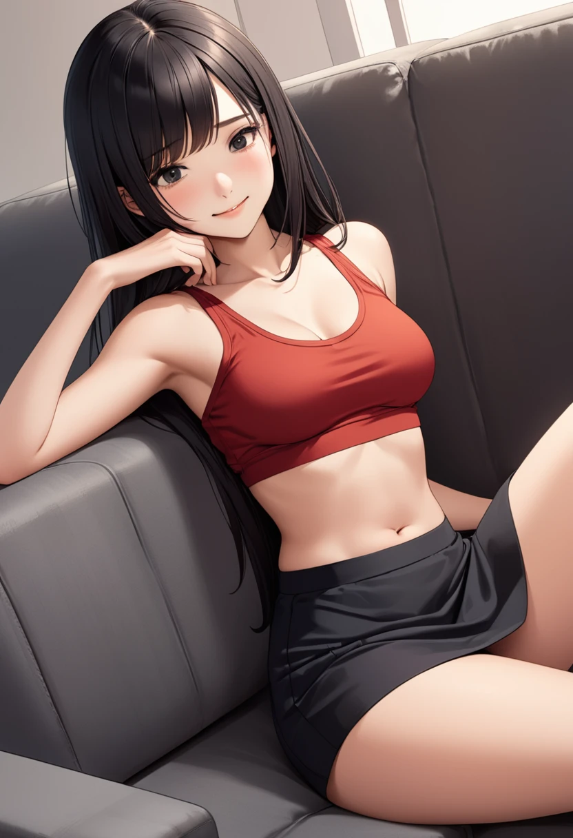 detailed illustration, dynamic angle, ultra-detailed, illustration, 1girl, red tank top, no bra, no-bra, crop top, hard nipples under top, long black hair, straight hair, medium breasts, short black skirt, sitting on couch, spread legs, smiling, shy