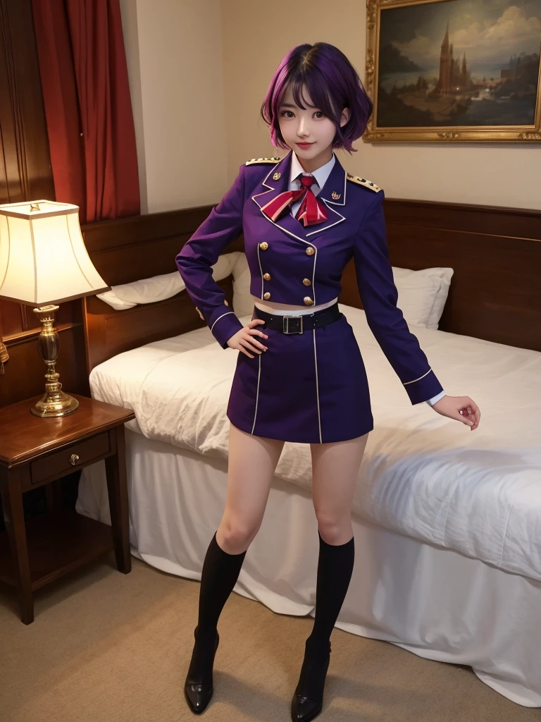 (Highest quality, 16K, masterpiece:1.55), Ultra detailed face, Detailed lips, Detailed eyes, double eyelid, 
BREAK 18 years old, Svelte Body, (big hips:1.2),
BREAK 1girl, solo, pink skirt, military uniform, short hair, ahoge, black thighhighs, red hair, purple eyes, purple hair, long sleeves, middle breasts
BREAK full body view, full body shot, contraposto 
BREAK smile, Hold your chest up pose 
BREAK indoors, midnight, late at night, darkness, luxurious mansion, 