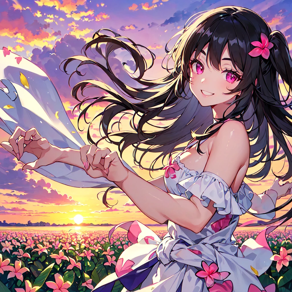 masterpiece, best quality, high quality, extremely detailed, very delicate and beautiful, (1 female 18 years old solo:1.5), (long black hair up to waist with two side up:1.5), bangs to eyebrows, eyes (eyes sharp, strong, glossy, glossy eyebrows, (eye color magenta:1.3), 6.5 head height, (plumeria flower print summer fashion:1.3), knee socks, lace, ruffles, (smiling), (running:1.3), (smiling), (dynamic pose), (background plumeria flower field:1.3), (sunset:1.3), (upper body:1.3)