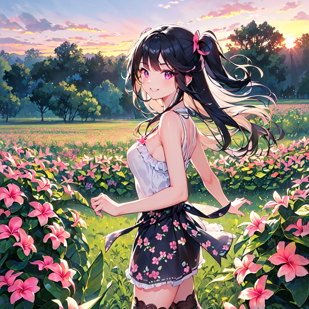 masterpiece, best quality, high quality, extremely detailed, very delicate and beautiful, (1 female 18 years old solo:1.5), (long black hair up to waist with two side up:1.5), bangs to eyebrows, eyes (eyes sharp, strong, glossy, glossy eyebrows, (eye color magenta:1.3), 6.5 head height, (plumeria flower print summer fashion:1.3), knee socks, lace, ruffles, (smiling), (running:1.3), (smiling), (dynamic pose), (background plumeria flower field:1.3), (sunset:1.3), (upper body:1.3)