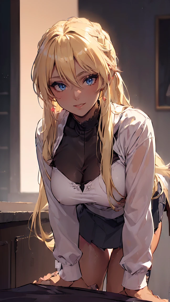 (dark skin:1.82),(Blonde slut young adult:1.5),(Sexy and mysterious smile:1.35)、(Lewd sexual harassment from behind:1.5),(Half-up hairstyle with random bangs:1.08),(beautiful breasts)、(looking at camera:1.3)、(elegant makeup:1.45)、(false eyelashes),earrings、(Pink naughty blouse:1.2)、sexy leather skirt、bandana、Loose-fitting ruffled socks