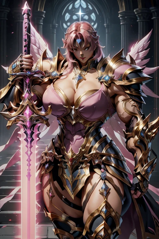 (((Massive beautiful, buff, light brown skinned muscular female saint knight with shocking pink hair, black lipstick, ginormous bulky muscles, carrying a giant sword and wearing a pink Saint Seiya Gemini Armor))), ((close-up view)), large breast, massive muscles, massive biceps, hyper muscle shoulders, hyper muscle triceps, (angled bob cut), red eyes, (Paladin boots), (angel metal armor), breastplate, (angel gauntlets), (holy Shoulder armor), closed smile, (in a heavenly castle), Vascular arms, hyper muscles arms, hyper muscle legs, massive buff arms.