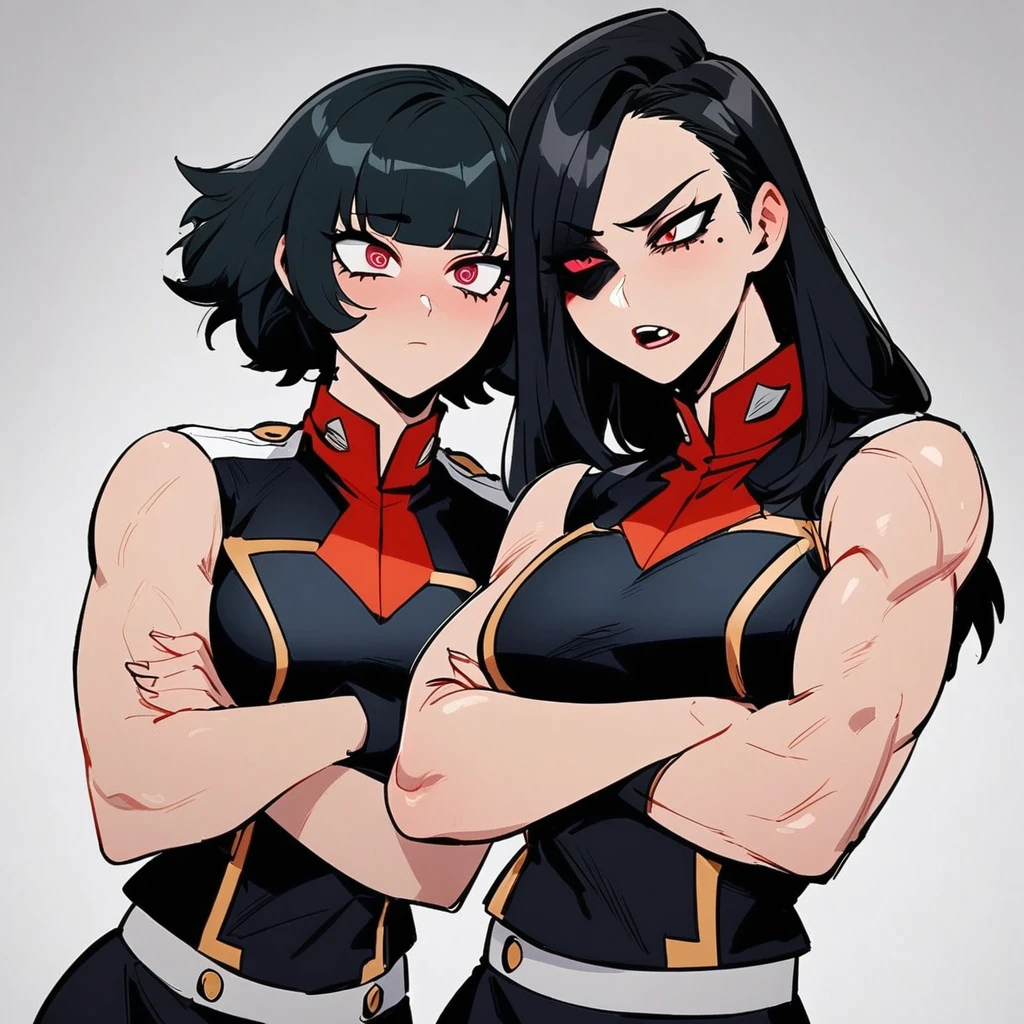 my hero academia uniform, siren eyes, dark red eye color, muscular arms, long jet black hair with bangs, arms crossed, lesbian, dominant, Mole Under Eye, Devil Pupils, Tsundere, faded scare over right eye, tall, nonchalant, 1girl,