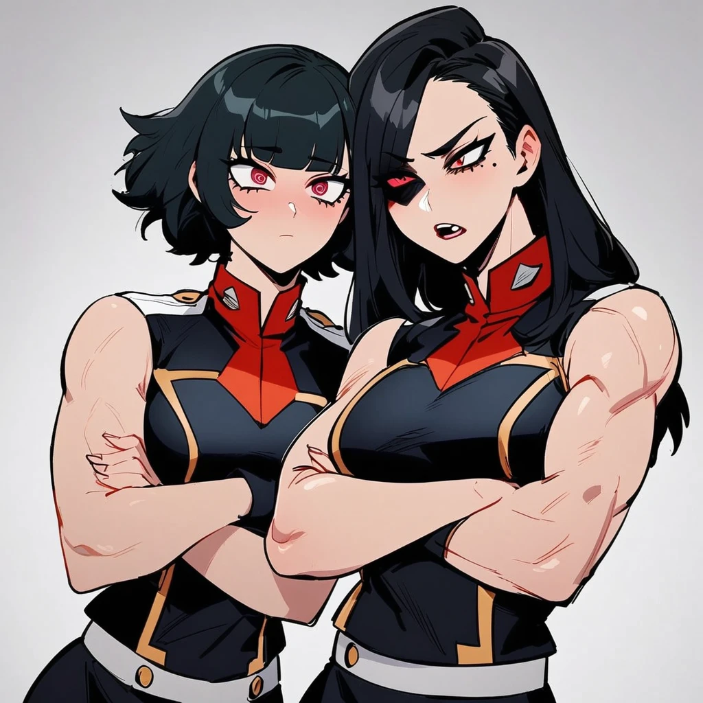 my hero academia uniform, siren eyes, dark red eye color, muscular arms, long jet black hair with bangs, arms crossed, lesbian, dominant, Mole Under Eye, Devil Pupils, Tsundere, faded scare over right eye, tall, nonchalant, 1girl,