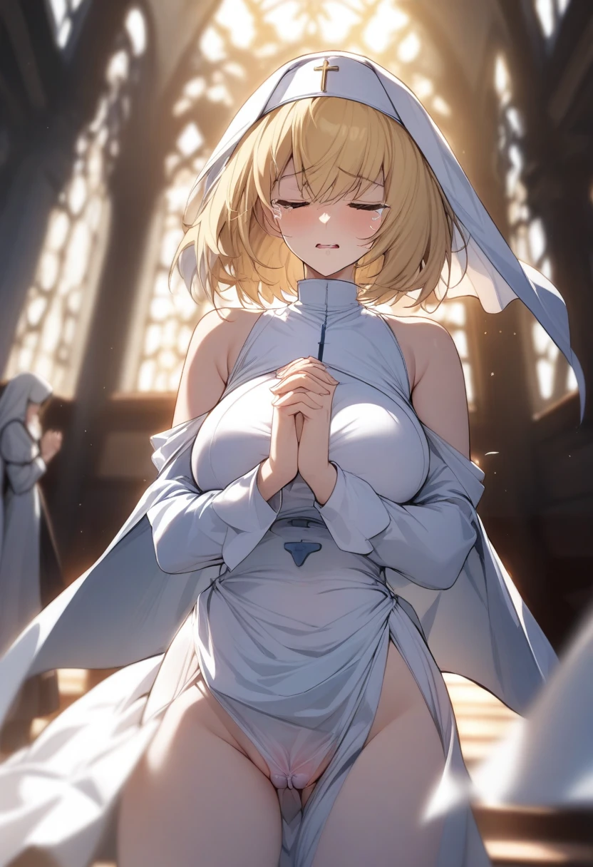 masterpiece, best quality, very aesthetic, absurdres, 1girl, mature_lady,nun_clothes,black_and_white_clothes, nun_headcovering crucifix, praying, interlocked fingers,closed_eyes,tears_in_eyes, head down,holy_light ,bathed in divine light,,blue_mary(fatal_fury), snk, the_king_of_fighters, 1girl, bare_shoulders, blonde_hair, blue_eyes, short_hair, bob_cut,,in balcony,blur background,background defocus,covered_pussy