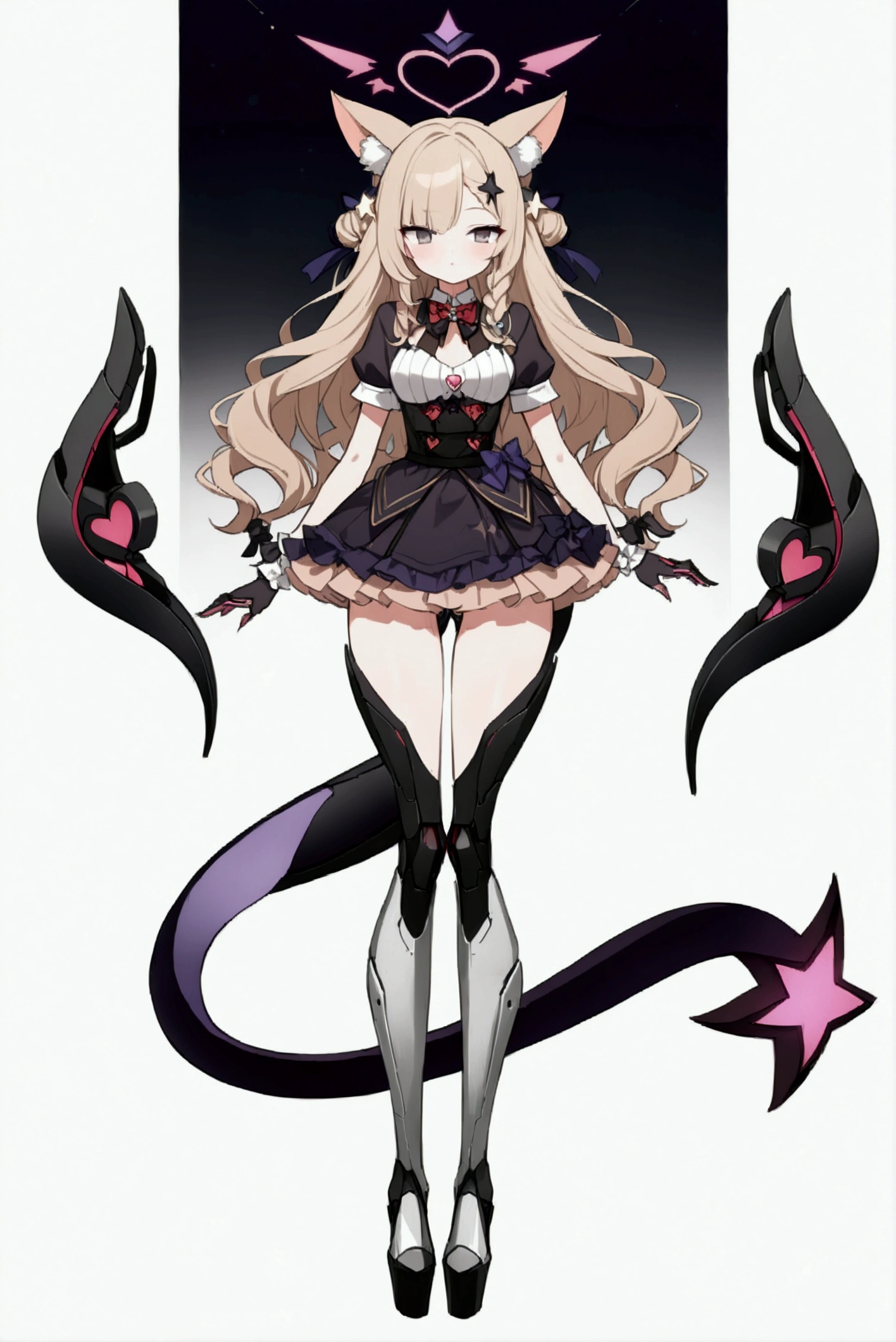 Woman 170cm tall, medium chest, wide hip, slim build, charming look, (dark blonde hair), ((hip length loose wavy hair, asymmetrical bangs, star hairpin)), (a short braid on the left and right side of the hair tied with an elegant purple ribbon), (small ribbons at the back of the hair), ((Gray eyes with a pink 4-pointed star in the pupil)), (two black fox ears located on the top of the head), (luminous black halo in the shape of a 4-pointed star on the head), ((It has a small black succubus tail that ends in the shape of a heart)), (((He has complex futuristic mechanical legs and feet that reach up to his thighs., The legs and feet are dark gray with small burgundy and black details.))), (elegant thigh-length one-piece dress, small Vinotinto bowtie on the neck of the dress, white bust with vertical black lines, lace and ruffle skirt, short sleeves with ruffles, big bow on the back of the hip of the dress, ribbon decorations and star patterns on the dress), black ruffled gloves, Black platform heels, gray belt at the waist with a large ribbon with a luminous pink heart in the middle, black necklace with a heart pendant on the neck, (((character design sheet: front view))), ((whole body)), extremely detailed beautiful hair, beautiful detailed dress, extremely detailed arms, extremely detailed face, (Extremely detailed hands), perfect hands, small face, Beautiful detailed eyes, beautiful detailed lips, adorable, extremely detailed legs, (Best Quality, 8k, high resolution), ultra detailed, Exquisite and epic character art, ((White background)), (Focus on symmetry), (beautiful detailed succubus tail).