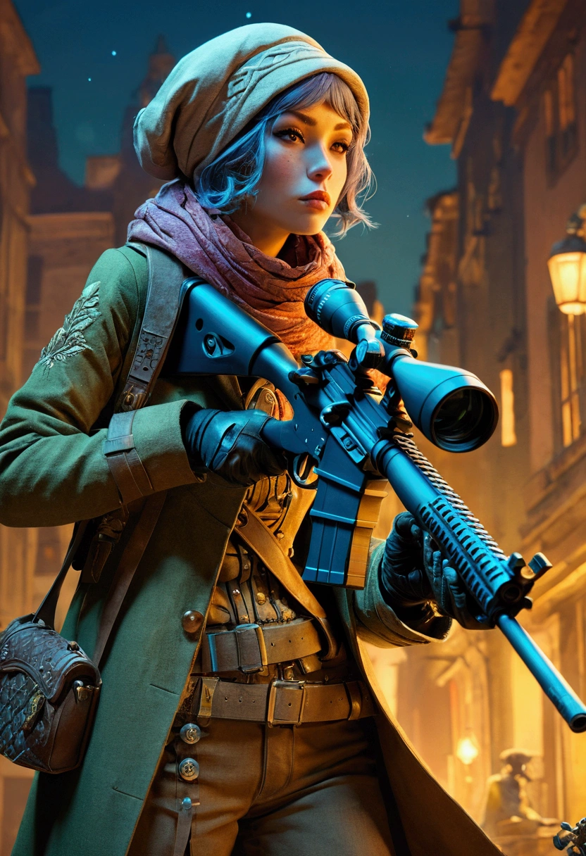 aiming Sniper, by Phil Jimenez, comic style, full body, cinematic still, (best quality, masterpiece), very aesthetic, perfect composition, intricate details, ultra-detailed, vivid colors