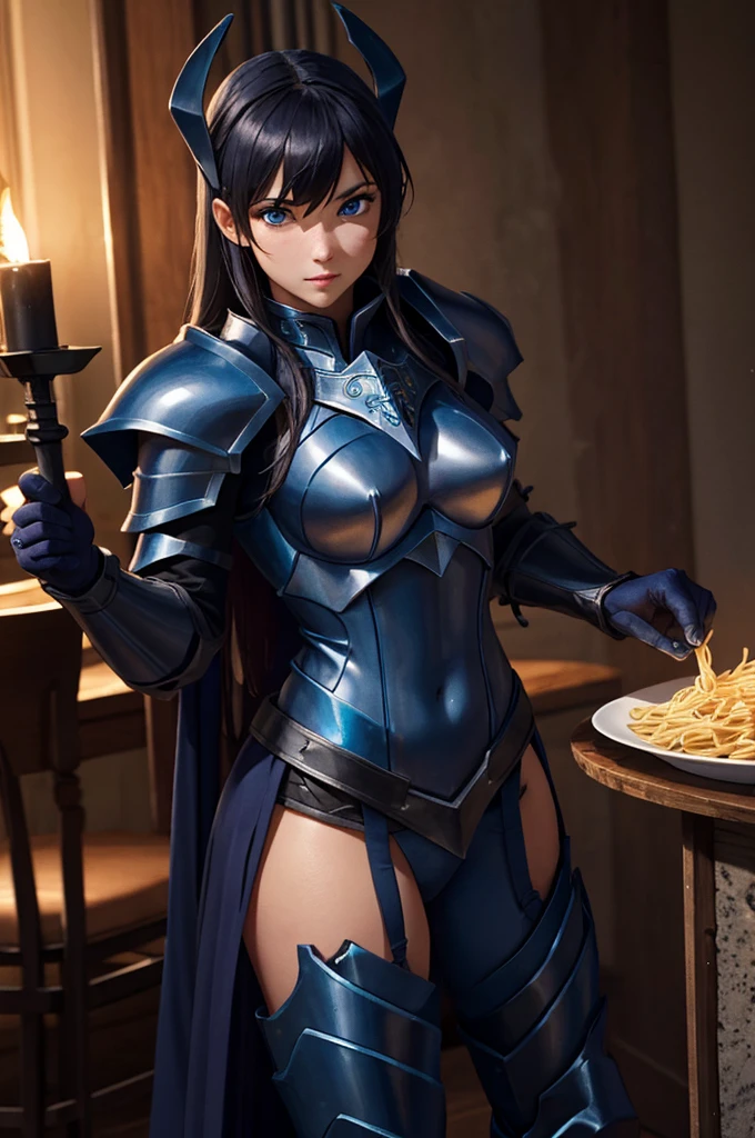 knightgirl, naughty man, no girls, dark armor with blue flames, holding a pasta ornamented with rays,