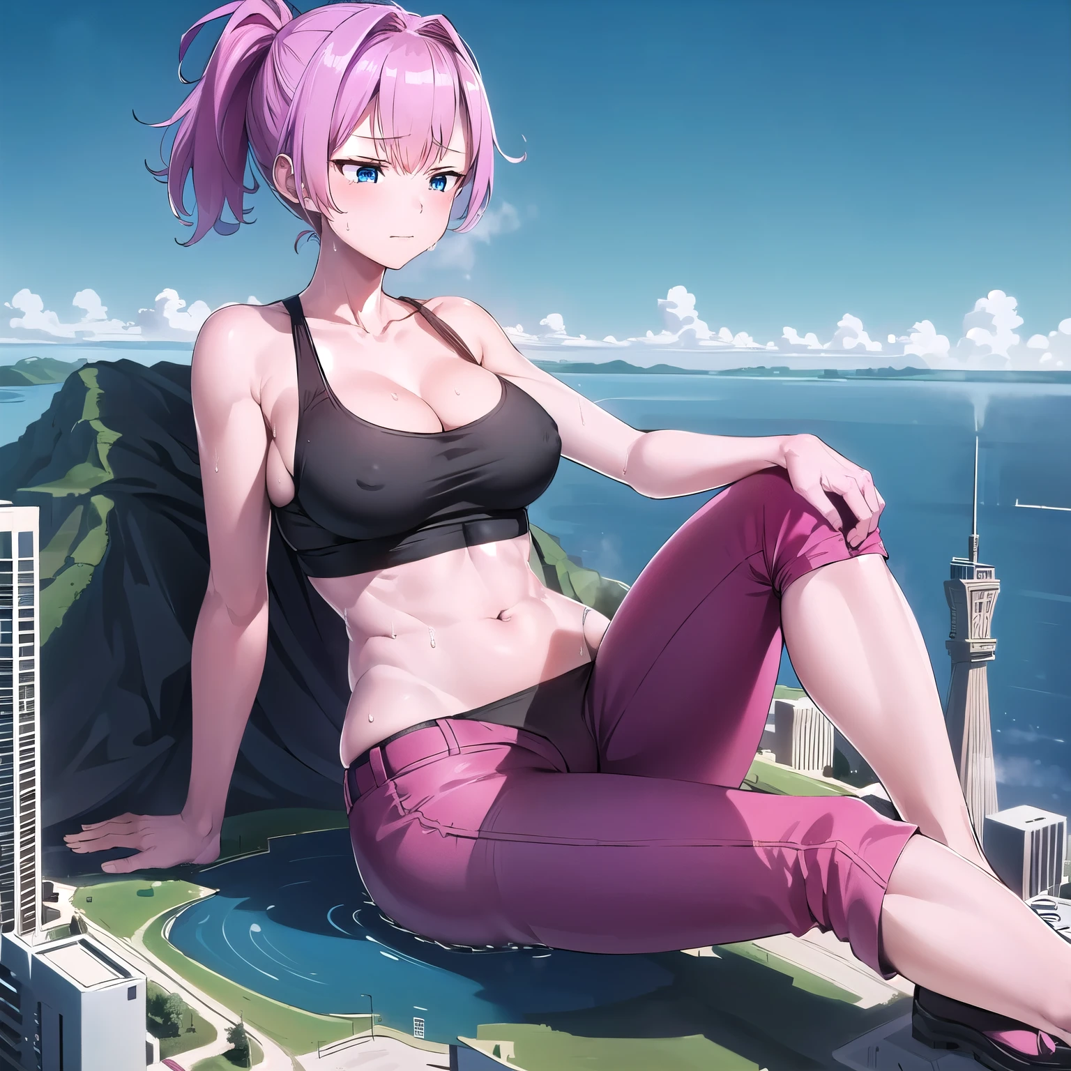 giantess, Only one girl, Lying down, Sleeping girl, (((character Sleeping girl on a mountain top next to a city))), ((Super huge high school girl bigger than a island)), Pleasure, Cleavage, Trying to crush a miniature metropolis, blue eyes, ((destroyed city)), Wearing pink sportswear that shows off her cleavage, Wear black yoga pants underneath, erect nipples, stomach, navel, Long legs, Tightens abs, No chest leakage, crash city, tiny city, micro city, skinny pants, gym room, big assa, city, ((Sweat)), (((Falling sweat))), Thighs, giga giantess, huge craters, Woman crushing a building, Steam from the body, ravines, cracks in the ground, earthquak, null, blue sky, City, shiranui_kantaicollection, pink_hair, short_hair, ponytail, blue_eyes, ((Background on the street)), (((The Girl Who Crushes the City))), first-person view, first-person view, anime, first-person view, anime, best quality, masterpiece, highres