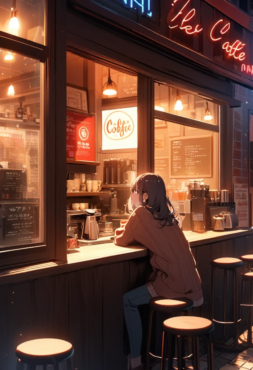 A small cafe is open for business, with lights shining from its red brick exterior. There's a neon sign advertising "Coffee" in red and blue lit letters. Inside, the cafe features a counter with three red stools and a girl sitting in front of it, and a large window that offers a view of the street outside. The atmosphere seems inviting and cozy, perfect for a warm cup of coffee.