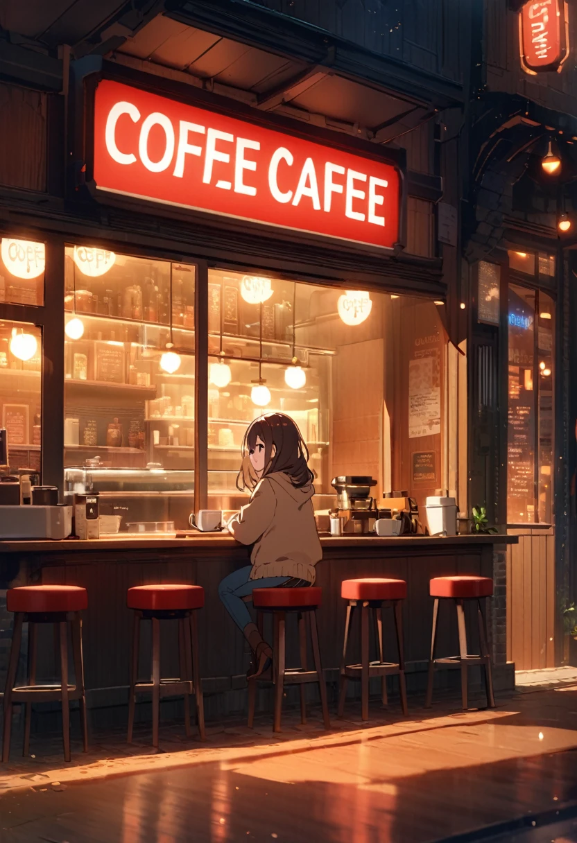 A small cafe is open for business, with lights shining from its red brick exterior. There's a neon sign advertising "Coffee" in red and blue lit letters. Inside, the cafe features a counter with three red stools and a girl sitting in front of it, and a large window that offers a view of the street outside. The atmosphere seems inviting and cozy, perfect for a warm cup of coffee.