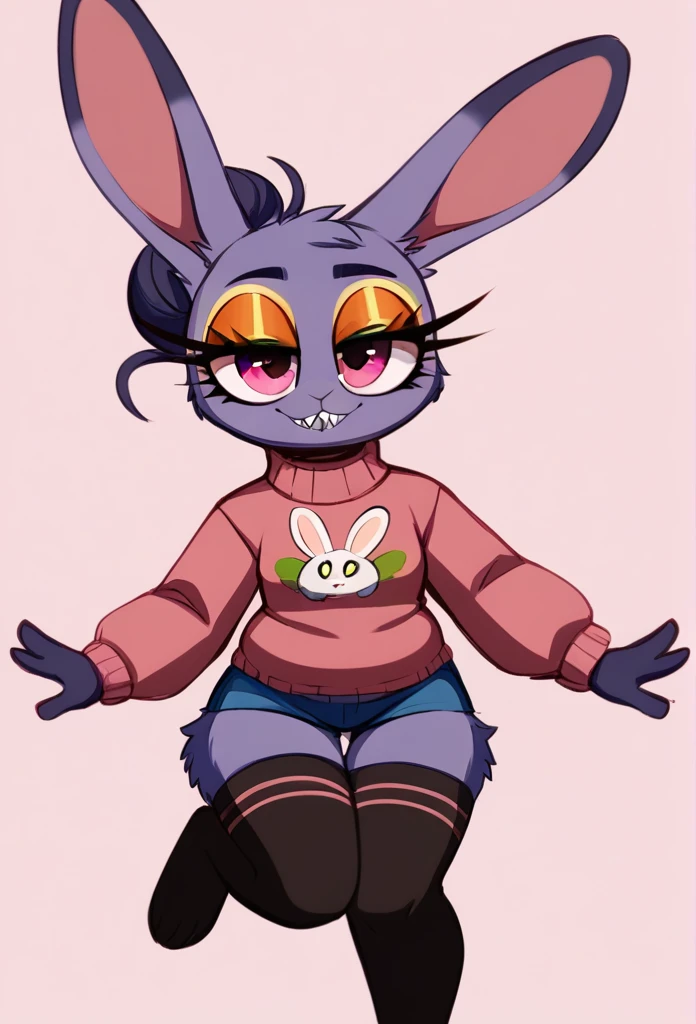 top quality, best quality, highres, masterpiece, absurdres, Perfect ???????(furry, angelic cute 1girl)(furry anthro, rabbit Facial Features, rabbit Body Features)(rabbit ears, Highly Detailed Body Fur)audition floor, dancing, flowing colorful ribbon, jumping, joyful smile, absurdres, volumetric lighting, good lighting, cinematic shadow,score_9, score_8_up, rbrite, rabbit, solo, full body, digital art, highly detailed, (score_9, score_8_up), score_7_up, score_6_up, score_5_up, score_4_up, Hazel Typh, 1bunny, best quality, furry, bunny ears, gold piercing, animal nose, pink eyes, hair bun, long tail, expressionless, closed mouth, fangs, puffy sleeves, pink background, looking at viewer, beautiful and detailed, girl (((female))) ((anthro)) bunny, (Averi, bunny girl), by waspsalad, by phluks, by zero-sum, bunny, (anthro, fluffy fur, character focus:1.1), anthro bunny, body fur, nice, cute, digital drawing, (half-closed eyes), big eyes, sweater, short shorts, thigh highs, stockings, (hi res), ((masterpiece)), ((best quality)), bunny, female bunny, clean sketch, anthropomorphic bunny, fursona, sharp teeth, big ears, smooth hair, smooth fur, long eyelashes, makeup, thin, chubby face