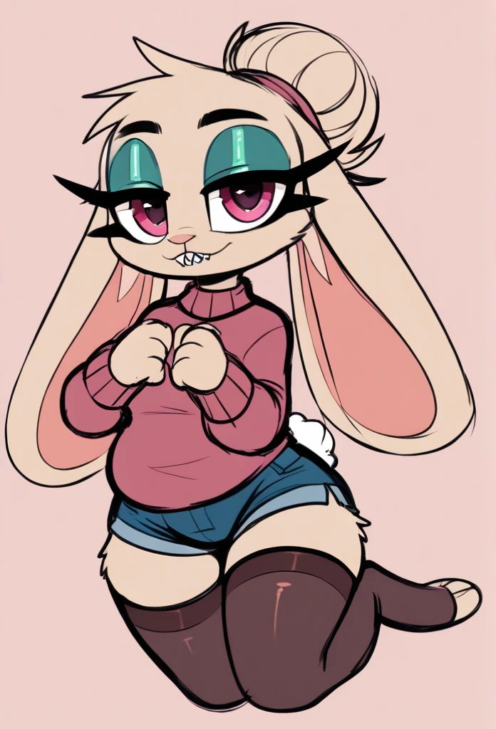 top quality, best quality, highres, masterpiece, absurdres, Perfect Anatomy(furry, angelic cute 1girl)(furry anthro, rabbit Facial Features, rabbit Body Features)(rabbit ears, Highly Detailed Body Fur)audition floor, dancing, flowing colorful ribbon, jumping, joyful smile, absurdres, volumetric lighting, good lighting, cinematic shadow,score_9, score_8_up, rbrite, rabbit, solo, full body, digital art, highly detailed, (score_9, score_8_up), score_7_up, score_6_up, score_5_up, score_4_up, Hazel Typh, 1bunny, best quality, furry, bunny ears, gold piercing, animal nose, pink eyes, hair bun, long tail, expressionless, closed mouth, fangs, puffy sleeves, pink background, looking at viewer, beautiful and detailed, girl (((female))) ((anthro)) bunny, (Averi, bunny girl), by waspsalad, by phluks, by zero-sum, bunny, (anthro, fluffy fur, character focus:1.1), anthro bunny, body fur, nice, cute, digital drawing, (half-closed eyes), big eyes, sweater, short shorts, thigh highs, stockings, (hi res), ((masterpiece)), ((best quality)), bunny, female bunny, clean sketch, anthropomorphic bunny, fursona, sharp teeth, big ears, smooth hair, smooth fur, long eyelashes, makeup, thin, chubby face