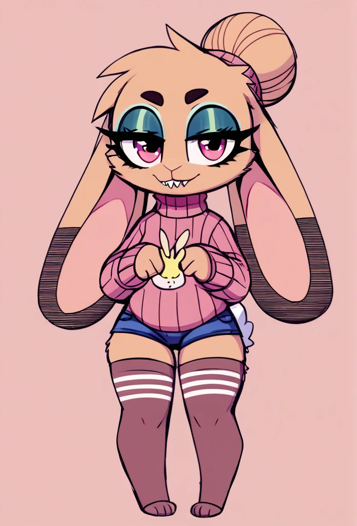 top quality, best quality, highres, masterpiece, absurdres, Perfect Anatomy(furry, angelic cute 1girl)(furry anthro, rabbit Facial Features, rabbit Body Features)(rabbit ears, Highly Detailed Body Fur)audition floor, dancing, flowing colorful ribbon, jumping, joyful smile, absurdres, volumetric lighting, good lighting, cinematic shadow,score_9, score_8_up, rbrite, rabbit, solo, full body, digital art, highly detailed, (score_9, score_8_up), score_7_up, score_6_up, score_5_up, score_4_up, Hazel Typh, 1bunny, best quality, furry, bunny ears, gold piercing, animal nose, pink eyes, hair bun, long tail, expressionless, closed mouth, fangs, puffy sleeves, pink background, looking at viewer, beautiful and detailed, girl (((female))) ((anthro)) bunny, (Averi, bunny girl), by waspsalad, by phluks, by zero-sum, bunny, (anthro, fluffy fur, character focus:1.1), anthro bunny, body fur, nice, cute, digital drawing, (half-closed eyes), big eyes, sweater, short shorts, thigh highs, stockings, (hi res), ((masterpiece)), ((best quality)), bunny, female bunny, clean sketch, anthropomorphic bunny, fursona, sharp teeth, big ears, smooth hair, smooth fur, long eyelashes, makeup, thin, chubby face