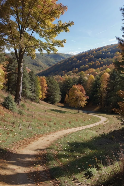 Draw a beautiful forest landscape, which consists of mixed trees. Season: autumn. The terrain is hilly.