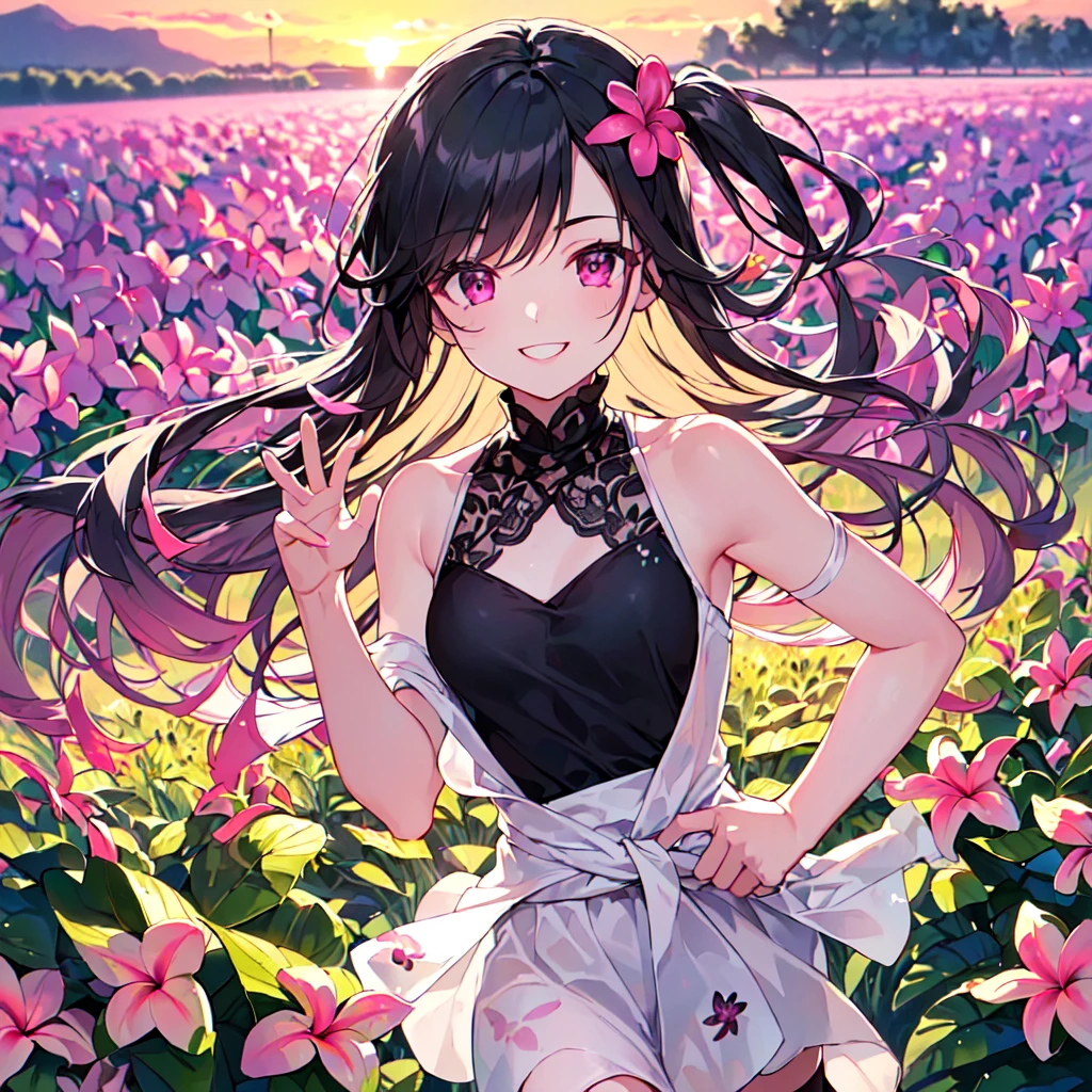 masterpiece, best quality, high quality, extremely detailed, very delicate and beautiful, (1 female 18 years old solo:1.5), (long black hair up to waist with two side up:1.5), bangs to eyebrows, eyes (eyes sharp, strong, glossy, glossy eyebrows, (eye color magenta:1.3), 6.5 head height, (plumeria flower print summer fashion:1.3), knee socks, lace, ruffles, (smiling), (running:1.3), (smiling), (dynamic pose), (background plumeria flower field:1.3), (sunset:1.3), (upper body:1.3)