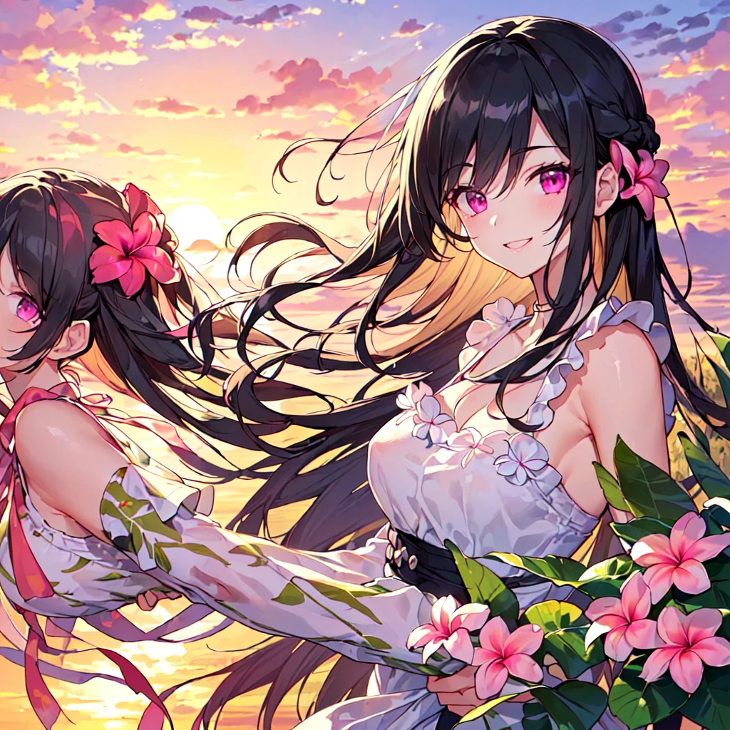 masterpiece, best quality, high quality, extremely detailed, very delicate and beautiful, (1 female 18 years old solo:1.5), (long black hair up to waist with two side up:1.5), bangs to eyebrows, eyes (eyes sharp, strong, glossy, glossy eyebrows, (eye color magenta:1.3), 6.5 head height, (plumeria flower print summer fashion:1.3), knee socks, lace, ruffles, (smiling), (running:1.3), (smiling), (dynamic pose), (background plumeria flower field:1.3), (sunset:1.3), (upper body:1.3)