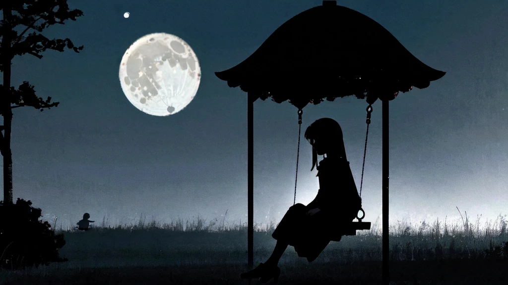 Eerie Illustration.
Make a night view of a park on a star-filled night.
A girl with long, straight hair sits on a swing in the corner of the screen, silhouetted against a large crescent moon.
There is other playground equipment.
The mood should be mysterious, with elements of serenity and eeriness mixed in.
A little horror.