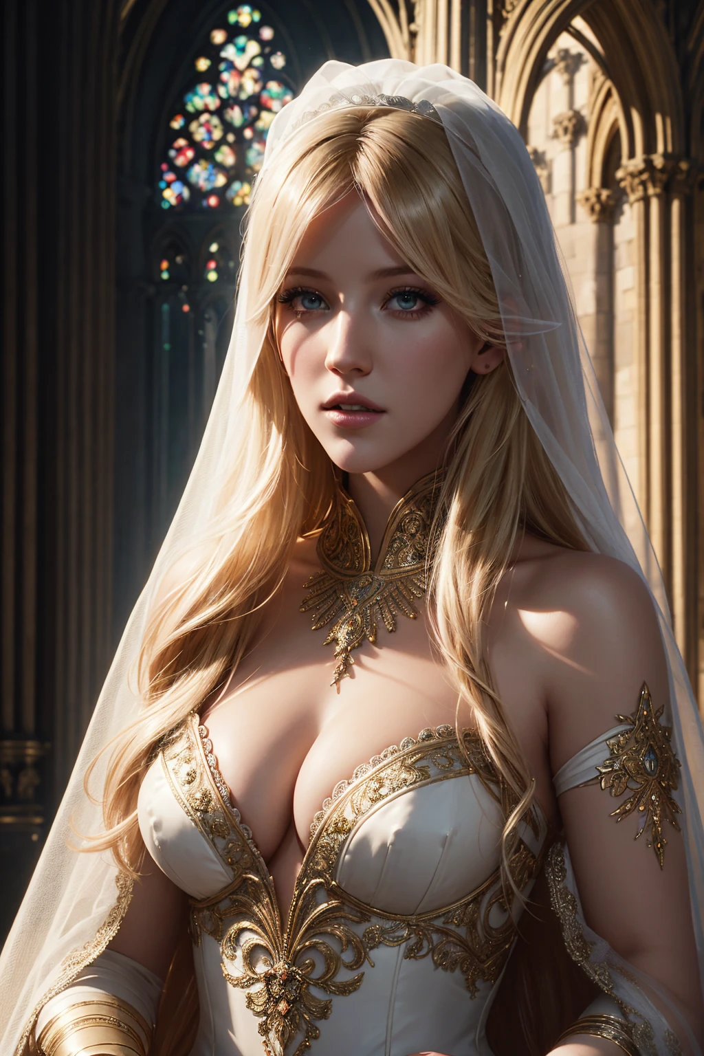 36k, portrait Ellie Goulding, wearing breasts veil bride costume, against the background of Notre Dame Cathedral, character portrait, 8 9 9 0 s, long hair, intricate, elegant, highly detailed, digital painting, artstation, concept art, smooth, sharp focus, illustration, art by wlop, charlie bowater and alexandra fomina