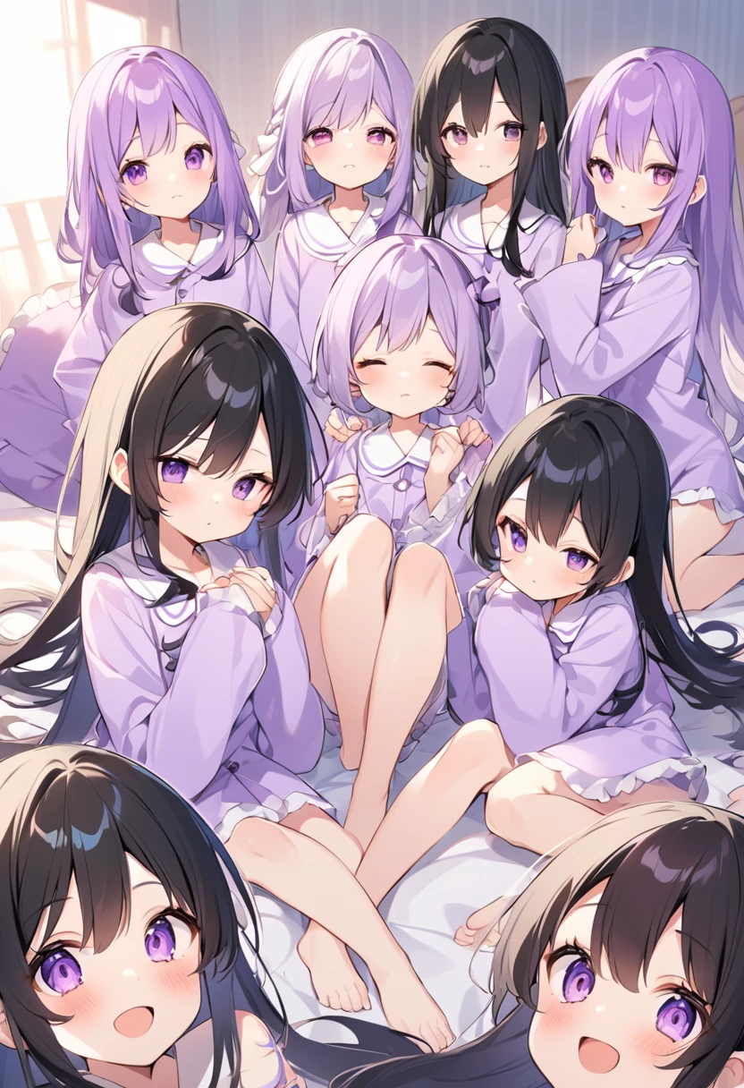 Keito。Purple pajamas。Purple Eyes。Black Hair。Six Barefoot Sisters。Both of them have light purple hair.。all female。Sextuplets。Purple bed