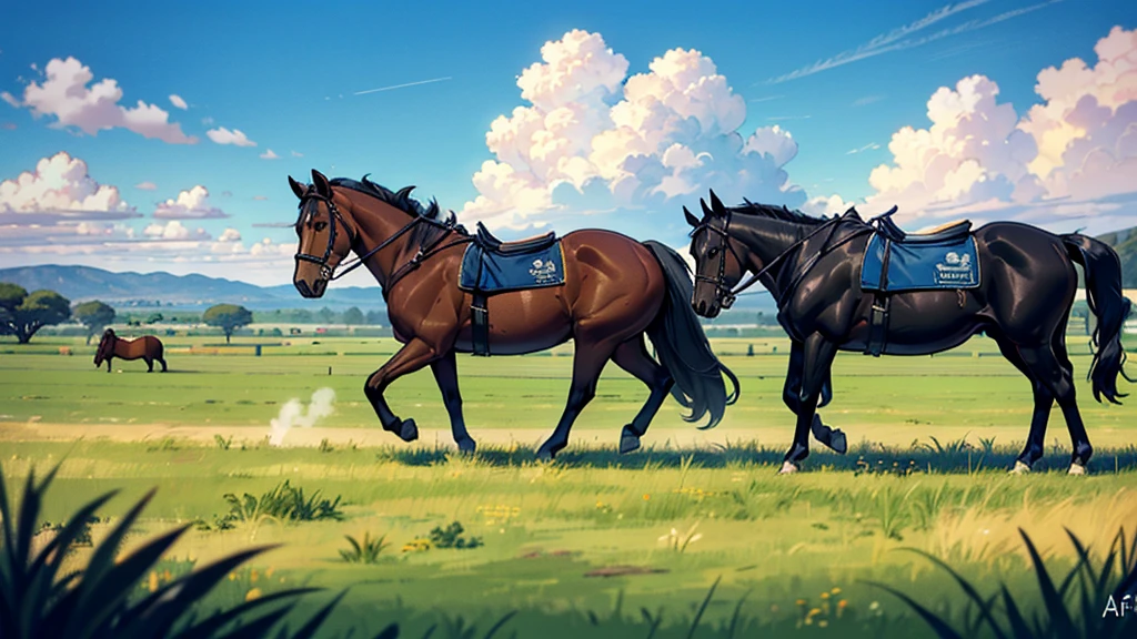  full figured very dark skinned(( BBW African woman riding)) a big  grey draft horse  mare (side view). big bum. very short tail. horse facing horizon .   flat grass meadow. steaming horse dung behind horse.   cloudless blue sky. 