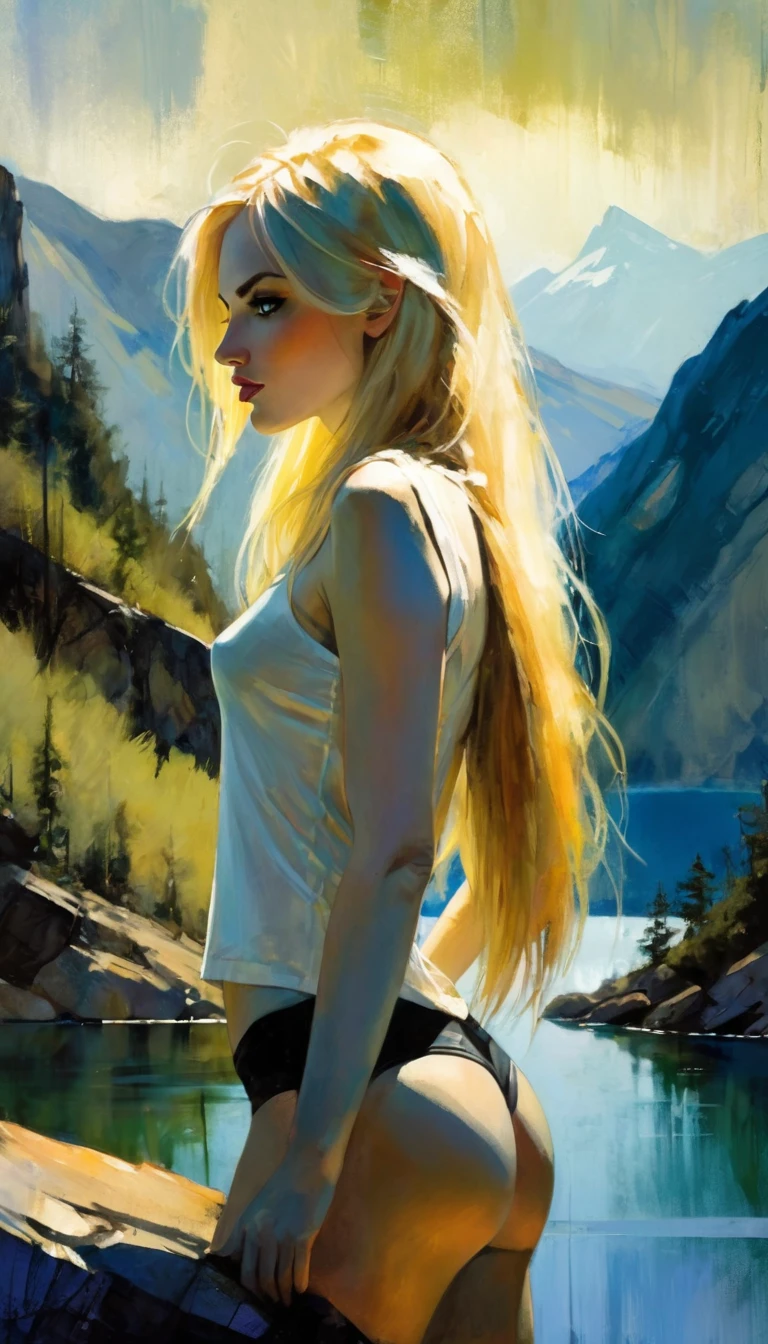 blonde girl with long hair,sexy, small breasts, rock look, radical girl, looking at a beautiful lake between mountains, chiaroscuro, sensual, mountain landscape, (art inspired by Bill Sienkiewicz). oil painting)