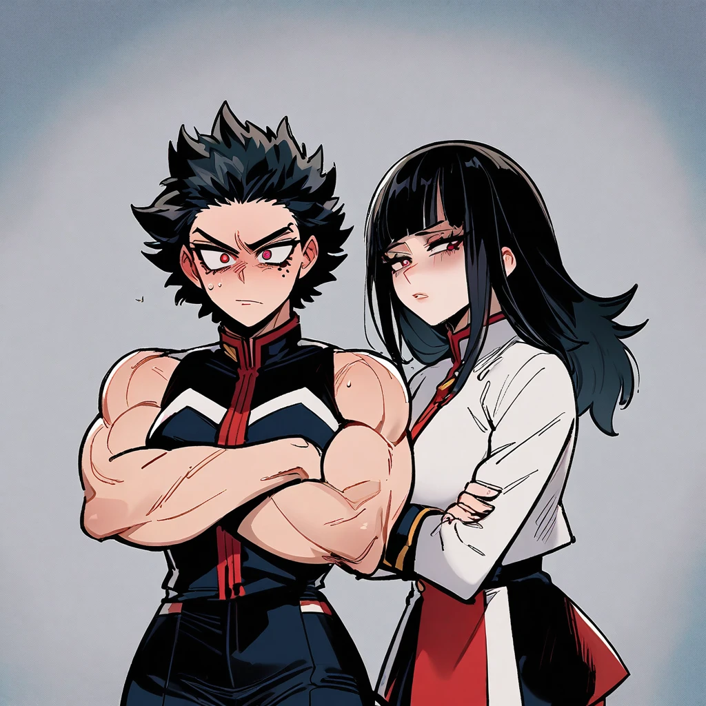 my hero academia uniform, siren eyes, dark red eye color, muscular arms, long jet black hair with bangs, arms crossed, lesbian, dominant, Mole Under Eye, Devil Pupils, Tsundere, faded scare over right eye, tall, nonchalant, 1girl,